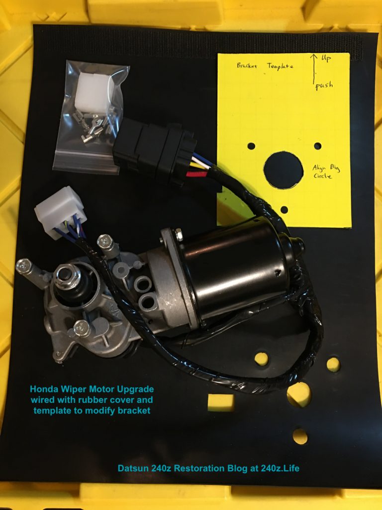 Datsun 240z Restoration Blog Wiper Motor Upgrade modified Honda Wiper Motor Upgrade wired with rubber cover and template to modify bracket